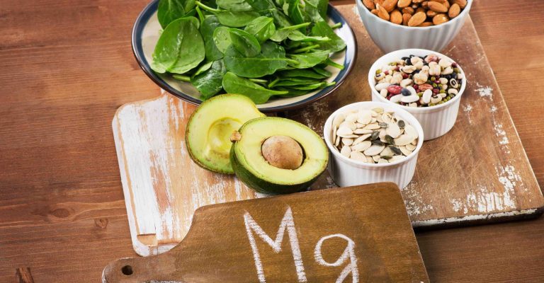 Magnesium Rich Foods on  wooden table.